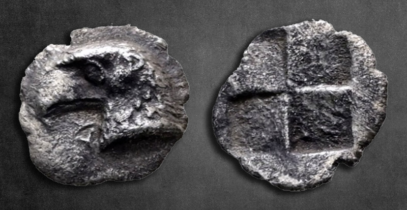 Aiolis. Kyme circa 450-400 BC. 
Hemiobol AR

8 mm, 0,32 g

 Head of eagle l...