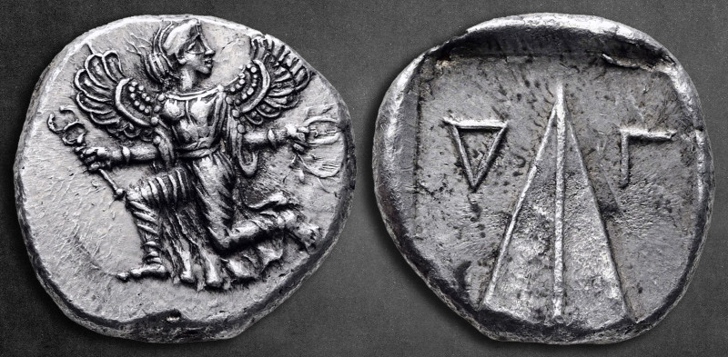 Caria. Kaunos circa 450-390 BC. 
Stater AR

24 mm, 11,66 g

Winged female f...