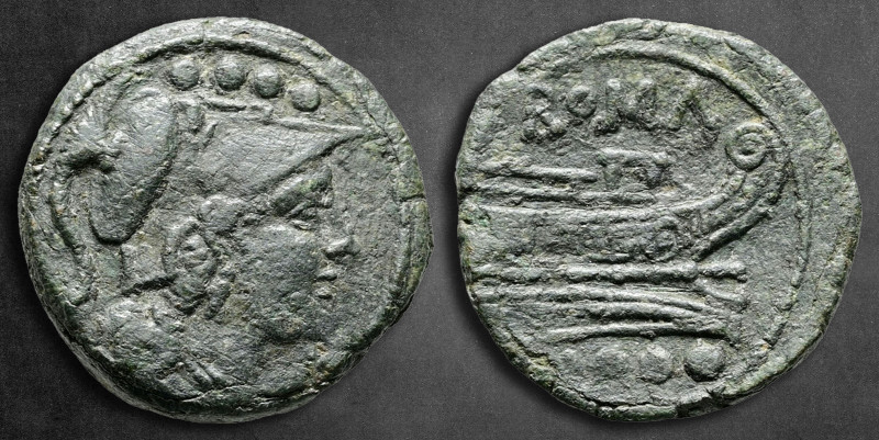 Anonymous 206-195 BC. Rome
Triens Æ

21 mm, 5,68 g

Helmeted head of Minerv...