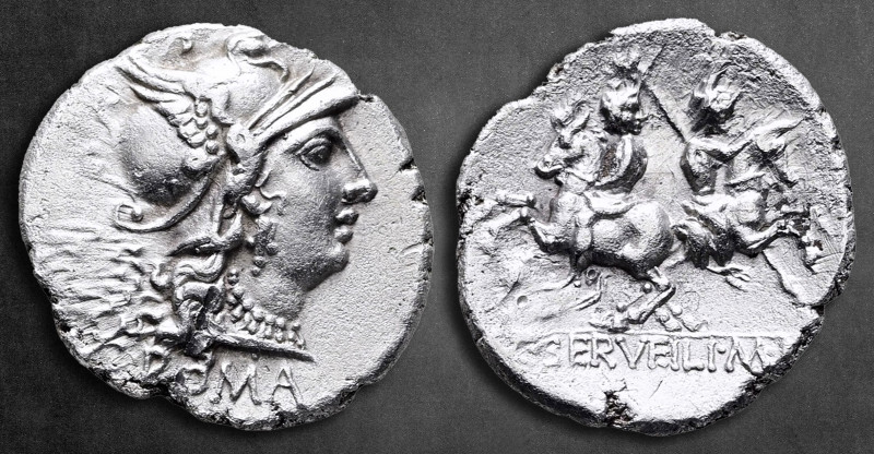 C. Servilius M.f 136 BC. Rome
Denarius AR

20 mm, 3,77 g

Helmeted head of ...