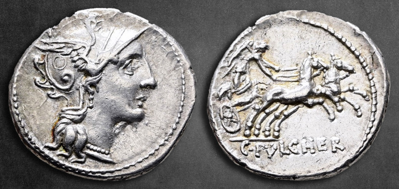 C. Claudius Pulcher 111-110 BC. Rome
Denarius AR

20 mm, 3,88 g

Helmeted h...