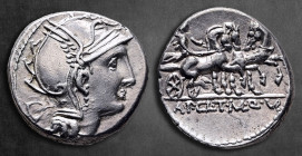 T. Manlius Mancinus, Appius Claudius Pulcher and Q. Urbinus 111-110 BC. Rome. Denarius AR