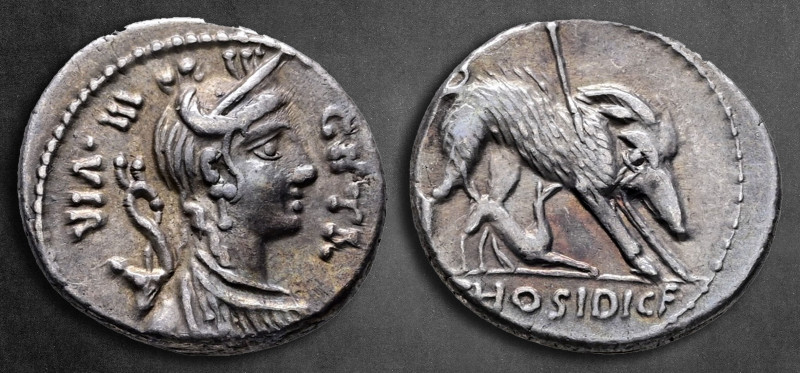 C. Hosidius C. f. Geta 68 BC. Rome
Denarius AR

18 mm, 3,93 g

 III VIR - G...