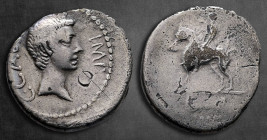 The Triumvirs. Octavian 30-29 BC. Military mint traveling with Octavian in Cisalpine Gaul. Denarius AR
