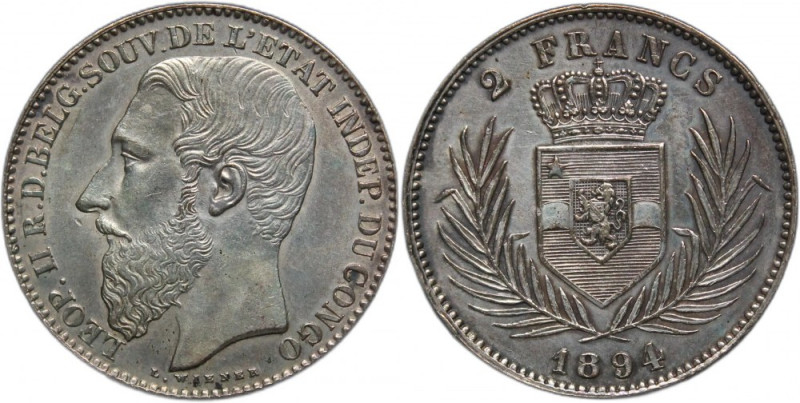 Belgian Congo 2 Francs 1894 Key Date Silver KM#7 Leopold II Mintage:80000 Pcs 
...