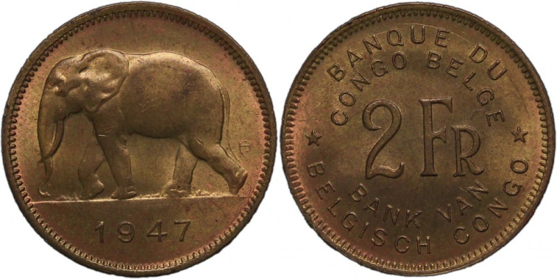Belgian Congo 2 Francs 1947 Rare Condition KM328 Brass Leopold III Full Mint Lus...