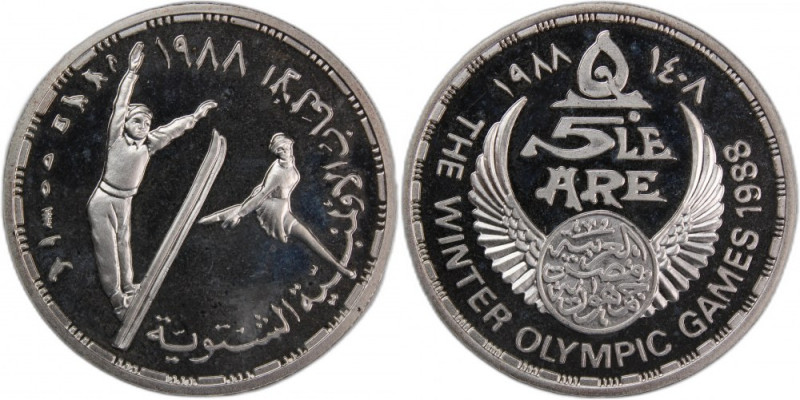 Egypt 5 Pounds 1988 (AH1408) Silver Silver KM#628 Winter Olympics Mintage:2000 P...