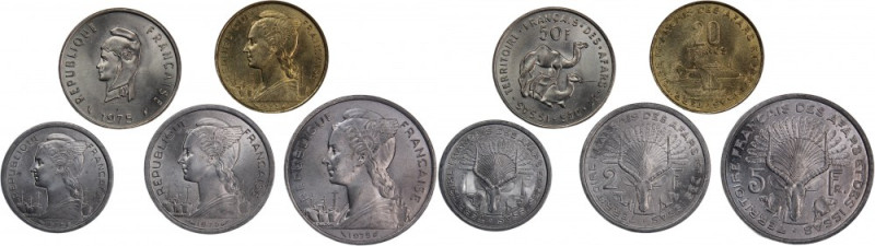 French Afars and Issas 50F/20F/5F/2F/1F 1975 (Lot of 5 Coins) KM#16KM#13KM#14KM#...
