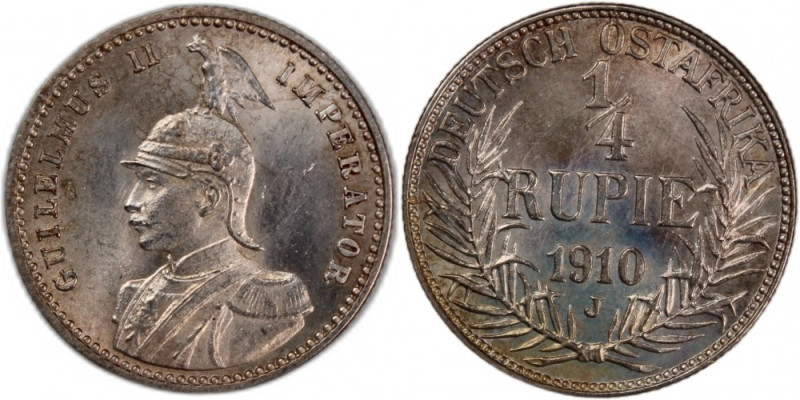 German East Africa 1/4 Rupie 1910 J Silver Hamburgische Münze Mint William II Si...