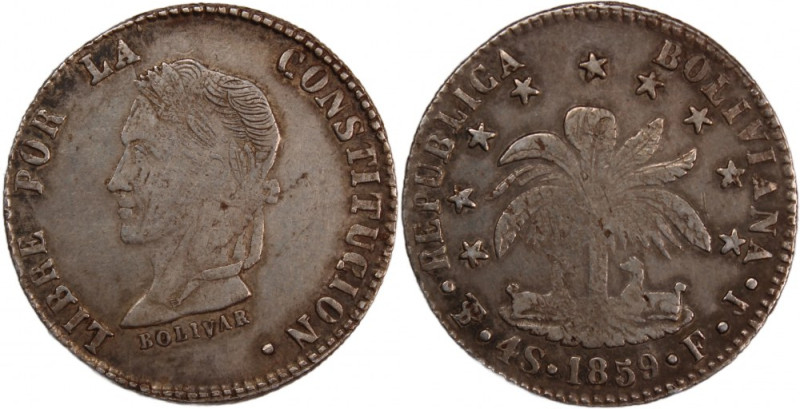 Bolivia 4 Soles 1859 FJ Silver Silver KM#123.2 Potosi

Grade: XF