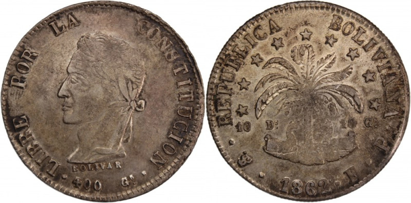 Bolivia 8 Soles 1862 FP Silver Silver KM#138.6 Potosi

Grade: AU