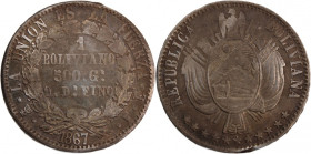 Bolivia 1 Boliviano 1867-PTS FE Silver