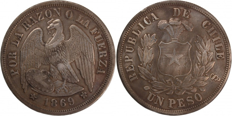 Chile 1 Peso 1869 Silver So Santiago Mint Republic Mintage: 467 000 pcs Silver K...