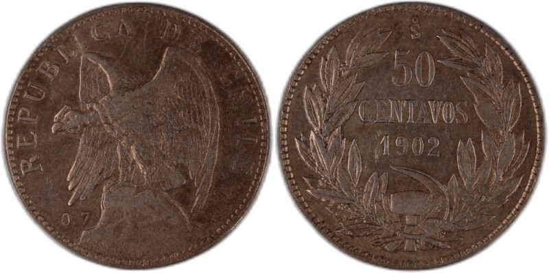 Chile 50 Centavos 1902 So Silver KM#160 
Grade: XF