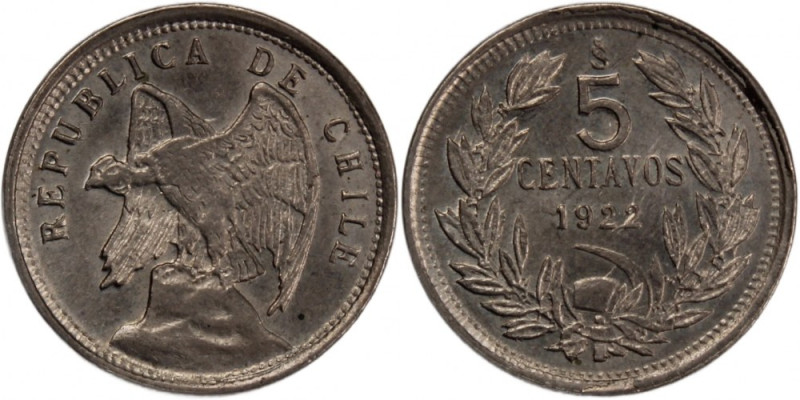 Chile 5 Centavos 1922 Santiago Mint Copper-nickel KM#165

Grade: UNC