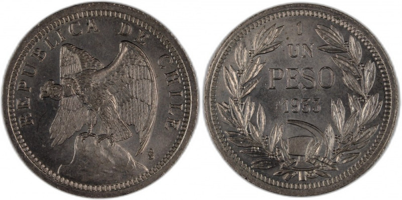 Chile 1 Peso 1933 Overdate &nbsp;KM#176.1&nbsp;Copper-Nickel 
Grade: UNC