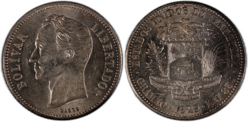 Venezuela 2 Bolivares 1929 Silver KM#Y23&nbsp; Philadelphia Mint 
Grade: UNC