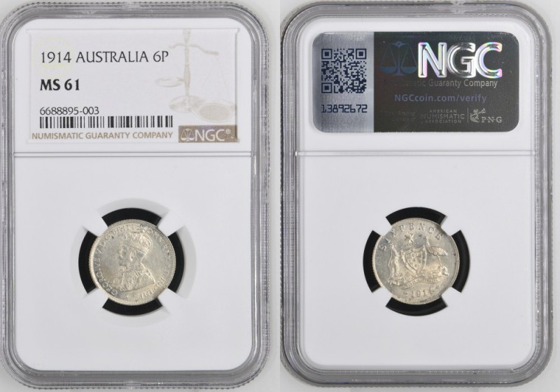 Australia 6 Pence 1914 Key Date Silver KM#25 London Mint George V 
Grade: MS61