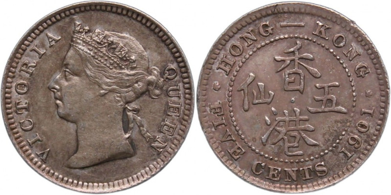 Hong Kong 5 Cents 1901 Silver KM#5 Victoria Nice Toning 
Grade: UNC