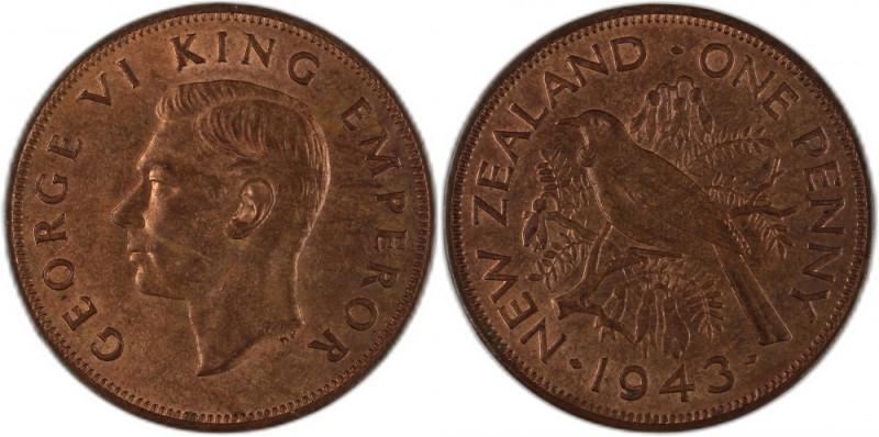 New Zealand Penny 1943 Copper KM#13 George VI 
Grade: UNC