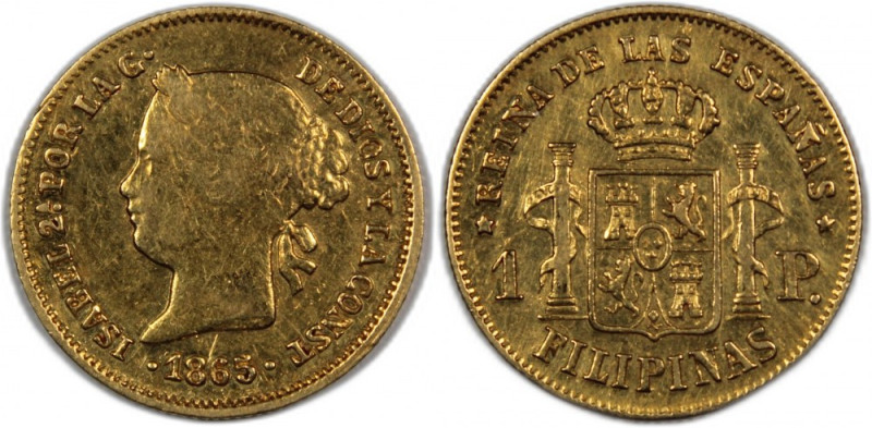 Philippines 1 Peso 1865 Gold KM#142 Isabella II 1.63 Gm&nbsp; 
Grade: XF