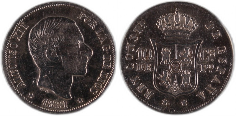 Philippines 10 Centimos 1881 Silver KM#148 Alfonso XIII 
Grade: VF-XF