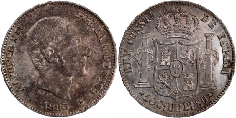 Philippines 50 Centimos 1885 Overdate Silver Manila Mint Alfonso XII Silver KM#1...