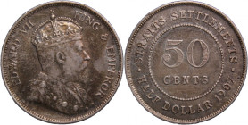 Straits Settlements 50 Cents 1907 H Silver
