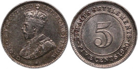 Straits Settlements 5 Cents 1920 Extremely Rare Silver