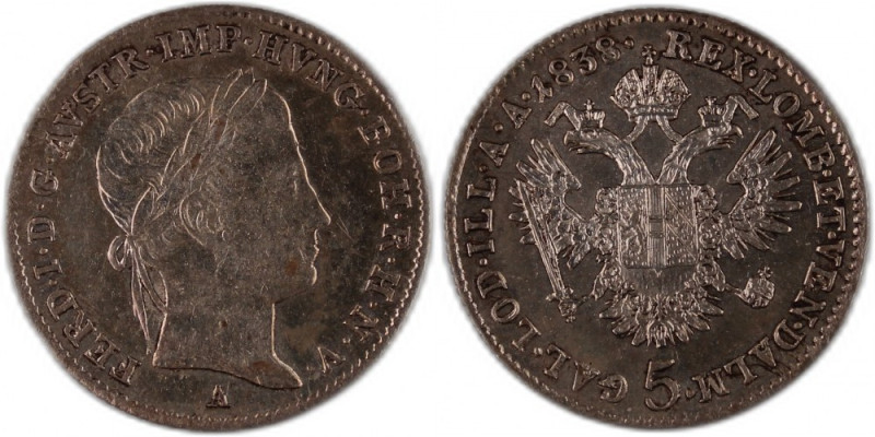 Austria 5 Kreuzers 1838 A Silver KM#2196 Ferdinand I 
Grade: XF+