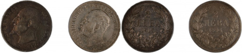 Bulgaria Lot of 2 Coins 2 Leva 1894 and 1913 Silver Ferdinand I 
Grade: XF
