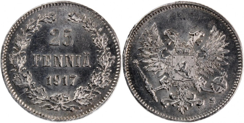 Finland 25 Pennia 1917 S Silver Helsinki MintIsak Gustaf Sundell Mint Master Nic...