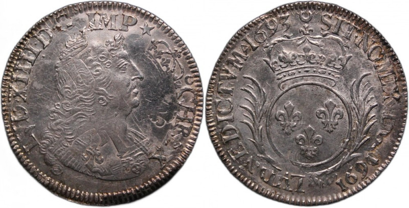 France 1/2 Ecu 1693 Silver Rare Condition KM#295.1&nbsp; Louis XIV Overstruck 13...