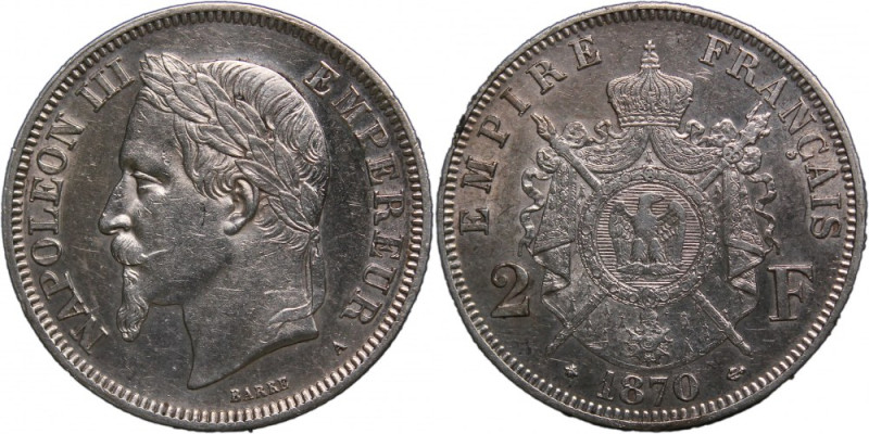 France 2 Francs 1867 A Silver KM# 807.1 Silver Napoleon III 9.94 Gm

Grade: XF...