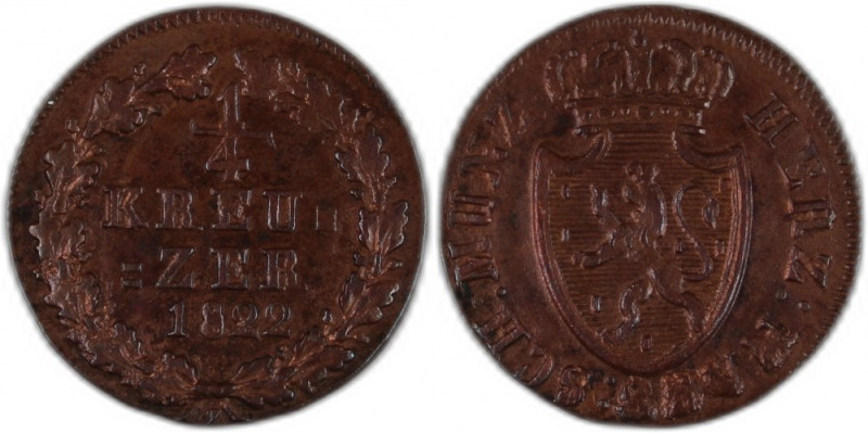 Germany Nassau 1/4 Kreuzer 1822 Copper KM#42&nbsp; Wiesbaden Mint&nbsp; Weak Str...