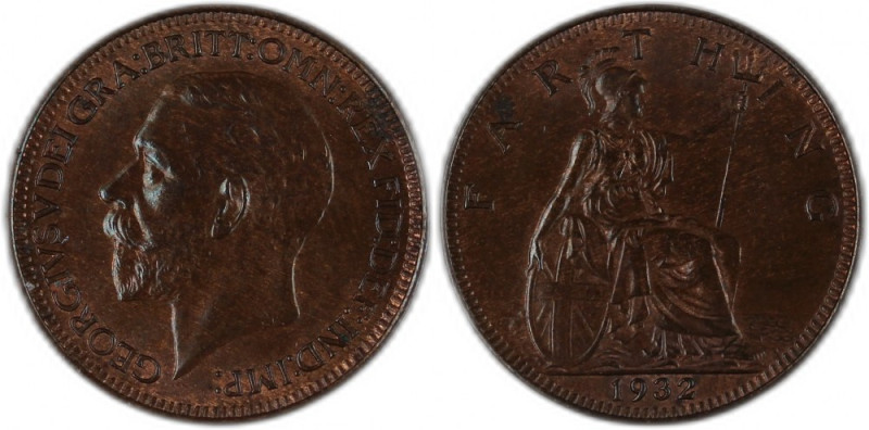 Great Britain Farthing 1932 &nbsp;KM#825 Bronze George V 
Grade: UNC