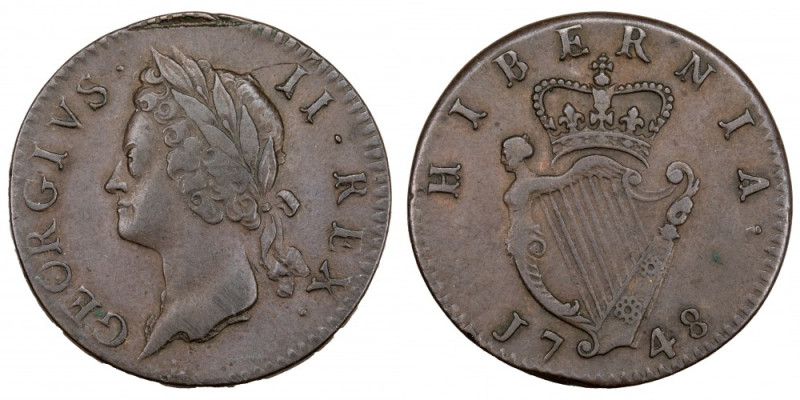 Ireland 1/2 Penny 1748 Copper KM#130.1 George II&nbsp; 
Grade: XF