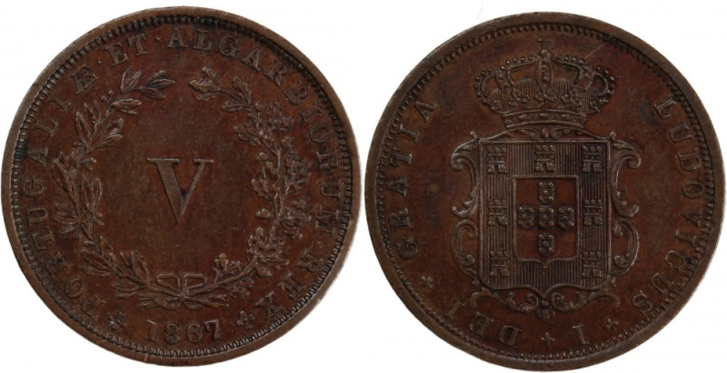 Portugal 5 Reis 1867 Copper KM#513 Luis I

Grade: AU