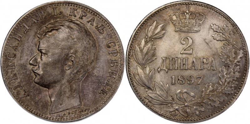 Serbia 2 Dinara 1897 Silver Silver Alexender I KM#22

Grade: UNC