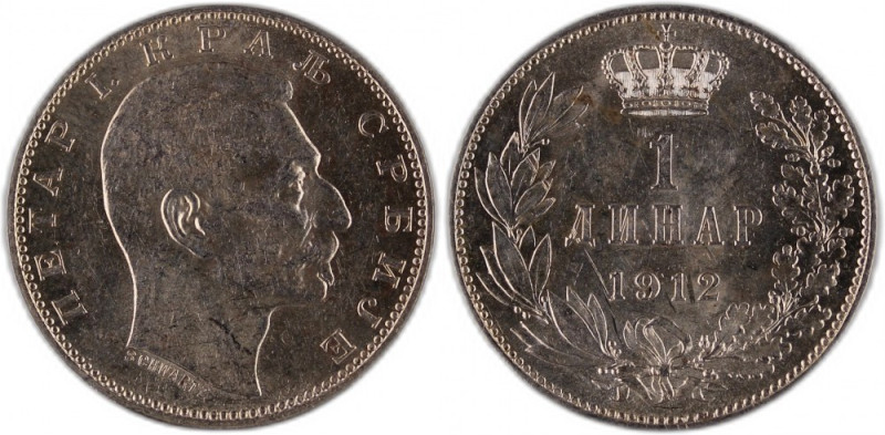 Serbia 1 Dinar 1912 Silver KM#25.1&nbsp; Peter I 
Grade: UNC