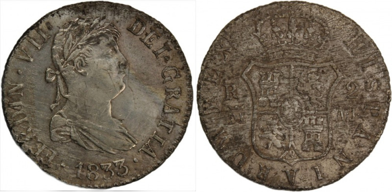 Spain 2 Reales 1833 AJ Silver Royal Madrid Mint Ferdinand VII Silver KM#460.2 Ca...