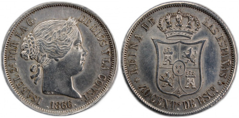 Spain 40 Centimos 1866 de Escudo Silver Silver KM#628.2 Madrid mint Isabel II
...