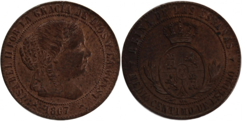 Spain 1/2 Centimo 1867 OM Copper KM#632.4 Isabel II

Grade: UNC