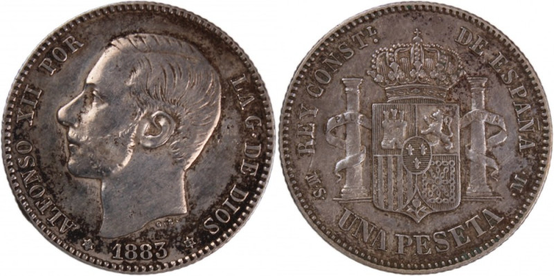 Spain 1 Peseta 1883 (18-83) MSM Silver Royal Madrid Mint Alfonso XII Silver KM#6...
