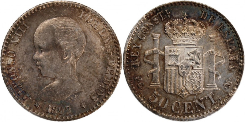 Spain 50 Centimos 1892 PGM (2-2) Rare Silver Spain 50 Centimos 1892 PGM *22 Cal#...