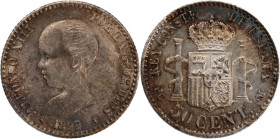 Spain 50 Centimos 1892 PGM (2-2) Rare Silver