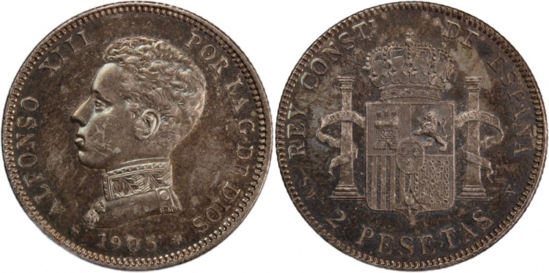 Spain 2 Pesetas 1905 SMV Silver Silver KM#725 Alfonso XIII

Grade: AU