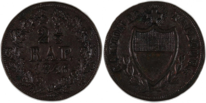 Switzerland Canton of Fribourg 2 1/2 Rappen 1846 BEL KM#91 1.3 Gm 
Grade: UNC