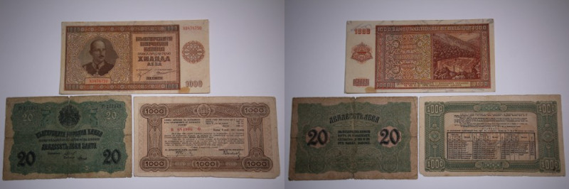 Bulgaria Lot of 3 Notes 1916-1944 20L/1000L/1000 Leva for Study 
Grade: F-VF