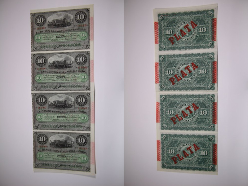 Cuba 10 Pesos 1896 Plata Uncut 4 Notes Consecutive Lot of 4 Notes Consecutives #...